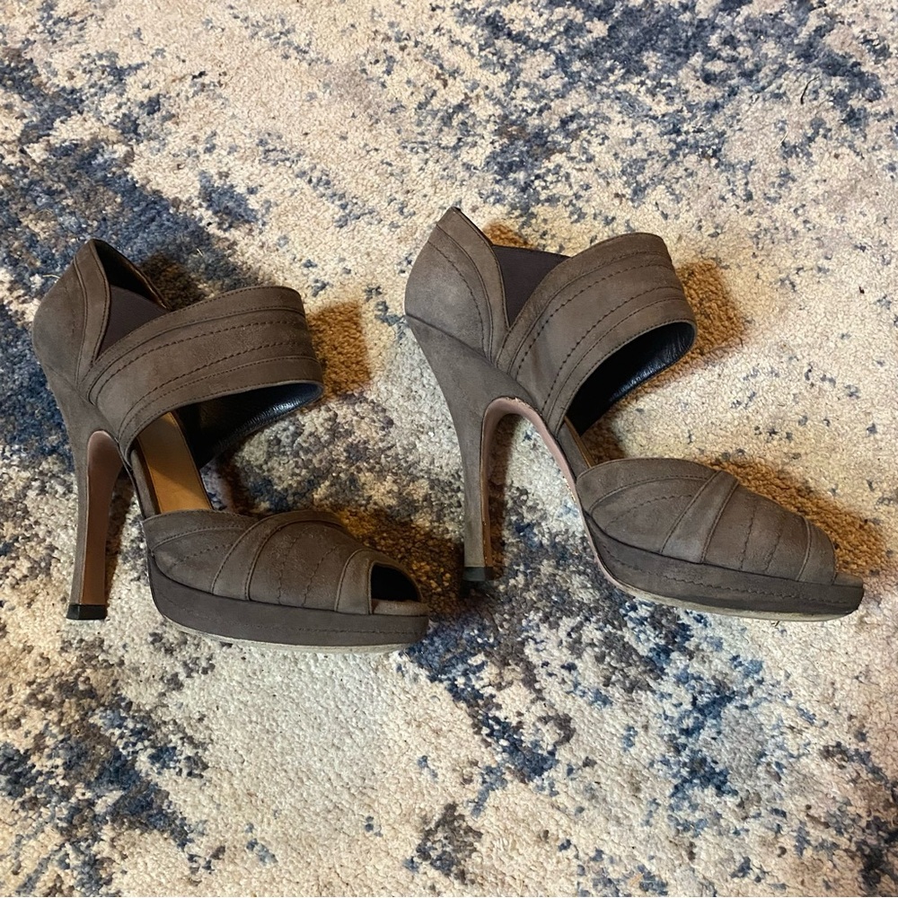 Prada Suede Leather Brown High Heel Peep-Toe Shoes - Picture 3 of 13